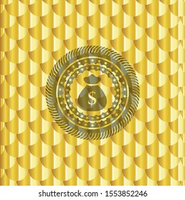 money bag icon inside gold badge. Scales pattern. Vector Illustration. Detailed.