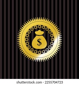 money bag icon inside golden badge. 