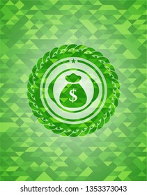 money bag icon inside green emblem with mosaic background