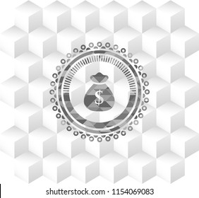 money bag icon inside grey badge with geometric cube white background