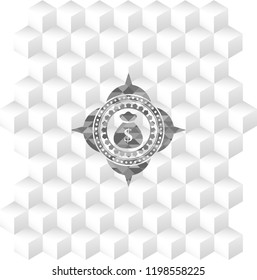 money bag icon inside grey emblem with cube white background