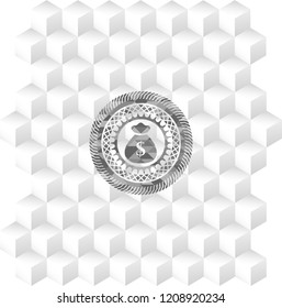 money bag icon inside grey badge with geometric cube white background