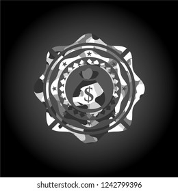 money bag icon inside grey camouflaged emblem