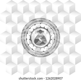 money bag icon inside grey emblem. Vintage with geometric cube white background