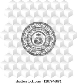 money bag icon inside grey emblem with cube white background