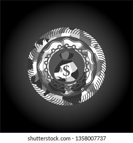 money bag icon inside grey camouflage emblem