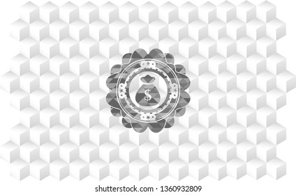 money bag icon inside grey emblem. Retro with geometric cube white background