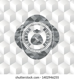 money bag icon inside grey emblem. Retro with geometric cube white background