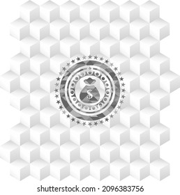 money bag icon inside grey badge with geometric cube white background. 
