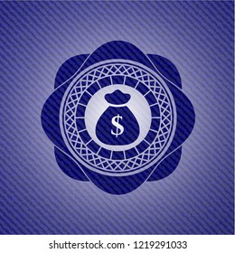 money bag icon inside jean or denim emblem or badge background