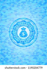 money bag icon inside light blue emblem with mosaic background