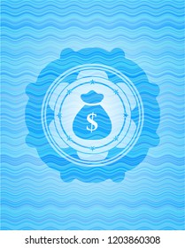 money bag icon inside light blue water wave badge background.