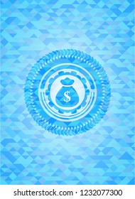 money bag icon inside light blue emblem with mosaic ecological style background