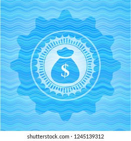 money bag icon inside light blue water emblem.