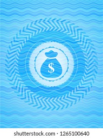 money bag icon inside light blue water wave style emblem.