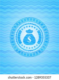 money bag icon inside light blue water style emblem.