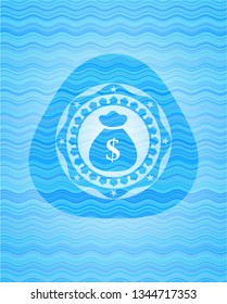 money bag icon inside light blue water emblem background.