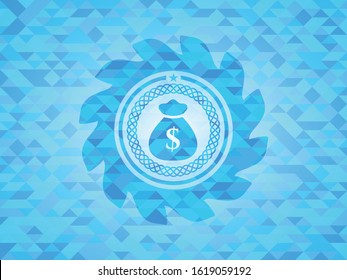 money bag icon inside light blue emblem with mosaic background