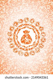 money bag icon inside orange mosaic emblem with background. 