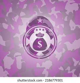 money bag icon inside pink and purple camo texture. 