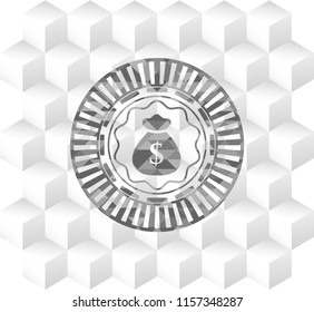money bag icon inside realistic grey emblem with geometric cube white background