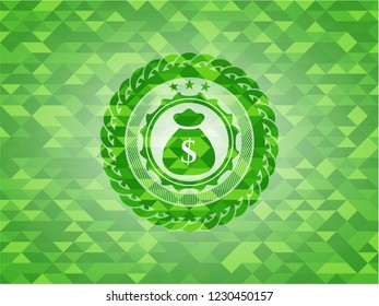 money bag icon inside realistic green emblem. Mosaic background
