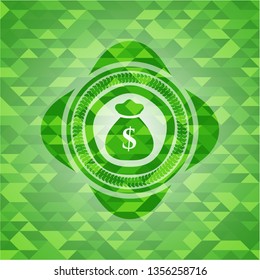 money bag icon inside realistic green emblem. Mosaic background