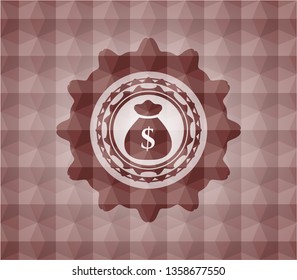 money bag icon inside red seamless emblem with geometric pattern.