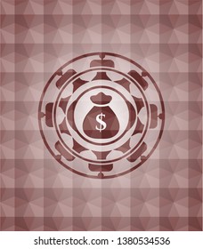 money bag icon inside red emblem with geometric background. Seamless.