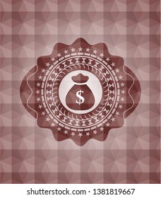 money bag icon inside red badge with geometric pattern background. Seamless.