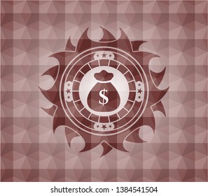 money bag icon inside red emblem or badge with geometric pattern background. Seamless.