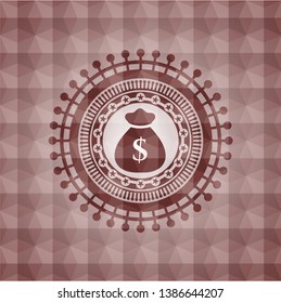 money bag icon inside red seamless badge with geometric pattern.