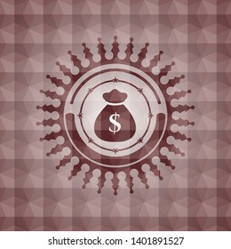 money bag icon inside red seamless polygonal badge.