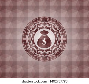 money bag icon inside red emblem or badge with abstract geometric pattern background. Seamless.