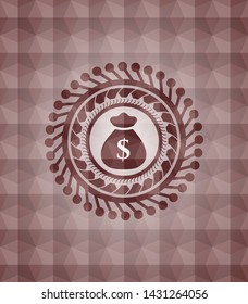 money bag icon inside red geometric pattern emblem. Seamless.