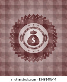 money bag icon inside red emblem with geometric background.