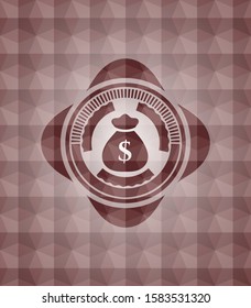money bag icon inside red geometric emblem. Seamless.