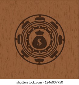money bag icon inside retro wood emblem