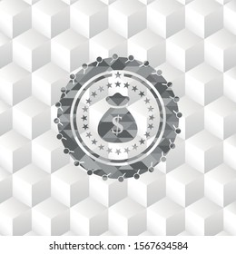 money bag icon inside retro style grey emblem with geometric cube white background