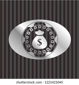 money bag icon inside silver emblem or badge