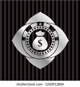 money bag icon inside silver badge or emblem
