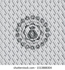 money bag icon inside silver color badge or emblem. Scales pattern. Vector Illustration. Detailed.