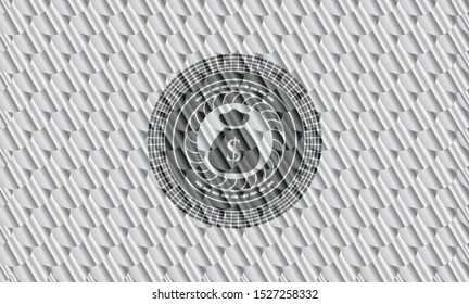 money bag icon inside silver color emblem or badge. Scales pattern. Vector Illustration. Detailed.