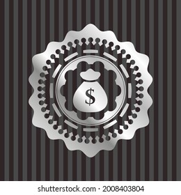money bag icon inside silver shiny badge. 