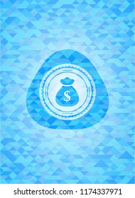 money bag icon inside sky blue emblem with triangle mosaic background