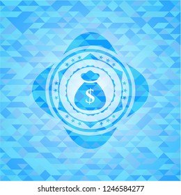 money bag icon inside sky blue emblem with triangle mosaic background