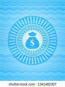 money bag icon inside sky blue water wave emblem.