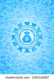 money bag icon inside sky blue mosaic emblem