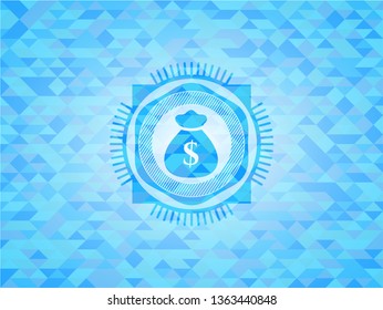 money bag icon inside sky blue emblem. Mosaic background