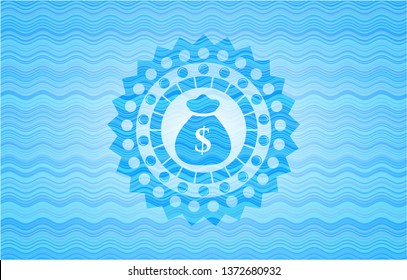 money bag icon inside sky blue water wave style badge.